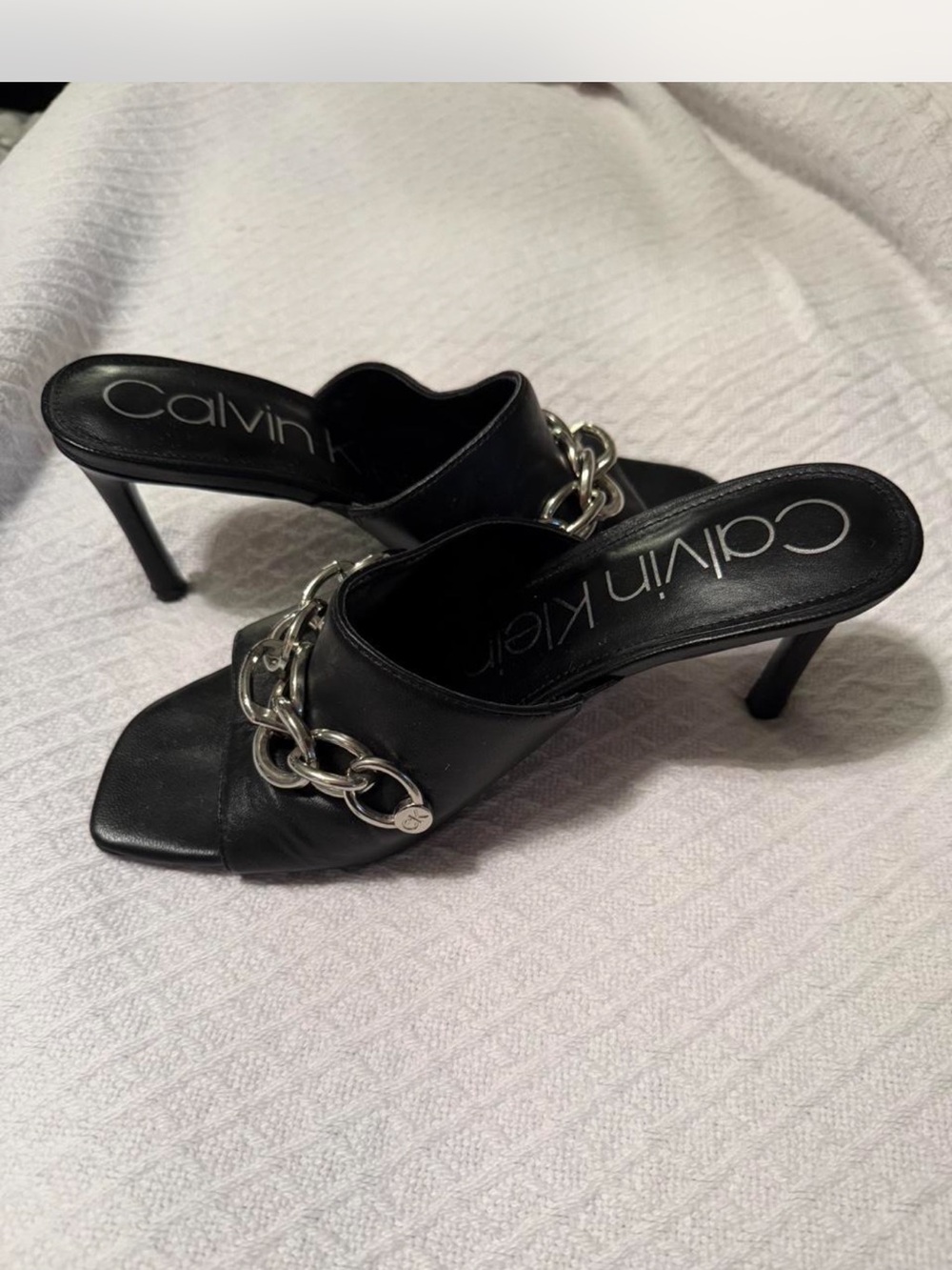Calvin Klein Black Leather Chain-Accent Heel Mules